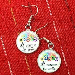 BINGO "I came to Win" Round Dangle Earrings silvertone NWT